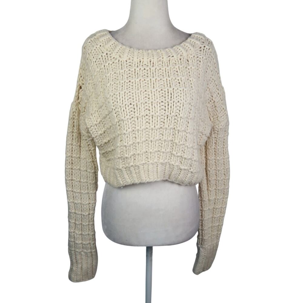 JOA Cream Wool Blend Chunky Knit Crop Pullover Sweater S